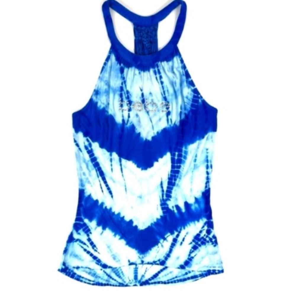 Bebe Blue Tie Dye Braided Tank Top Crystal Monogram Logo Strappy Medium Shirt